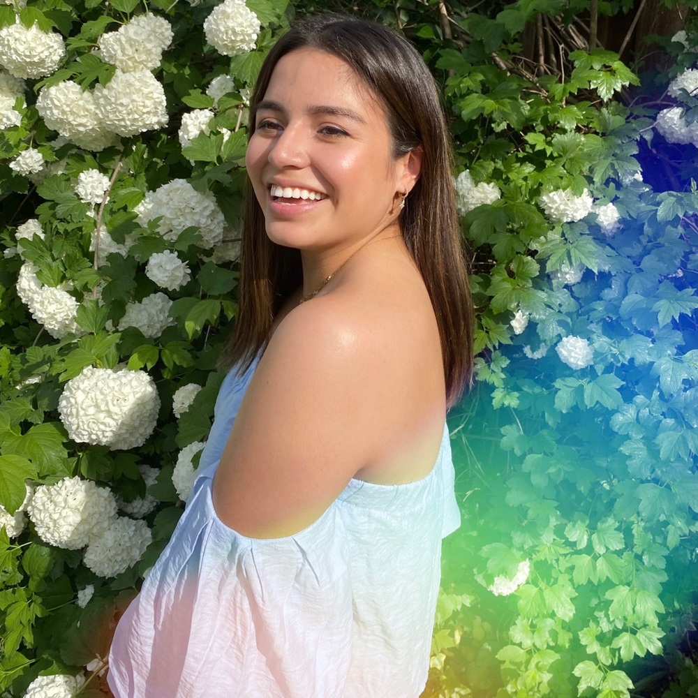 Over the shoulder sky blue top